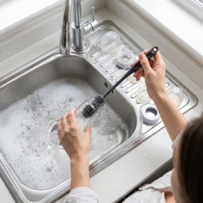 Goupillon biberon maman devant evier avec biberon 