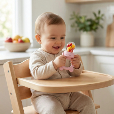 Grignoteuse bebe qui regarde sa sucette de fruit