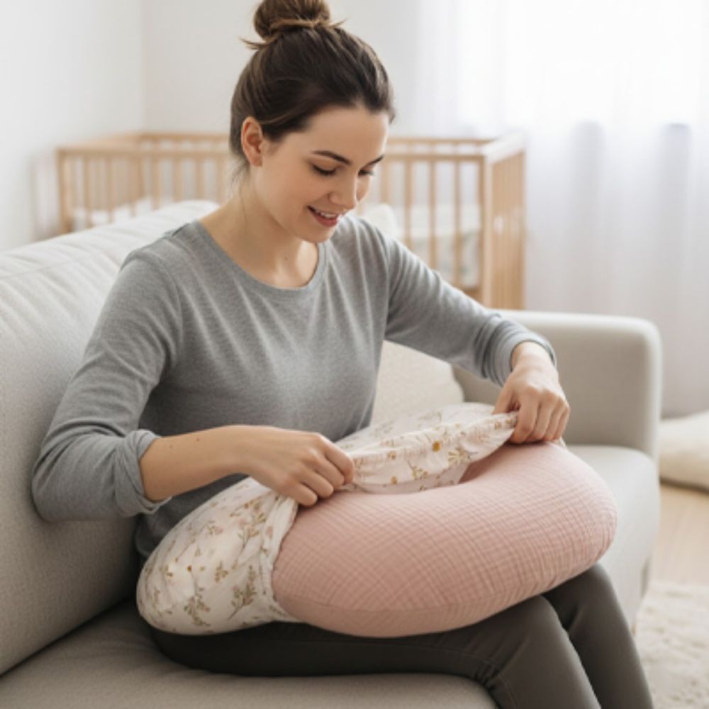 Housse coussin allaitement imprimée maman met une housse sur son coussin