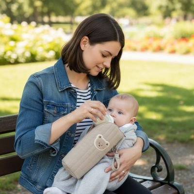 Porte biberon pratique assit au parc avec bebe