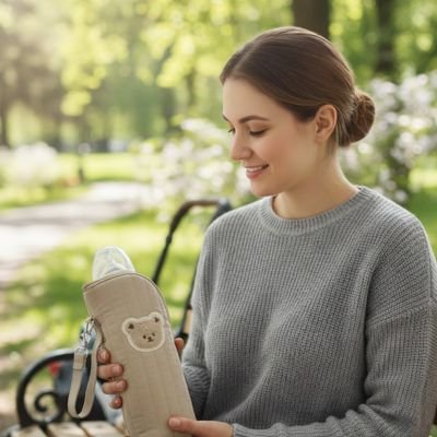 Porte biberon pratique maman tient dans sa main