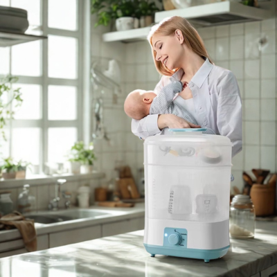 Stérilisateur biberon avec maman qui sourit