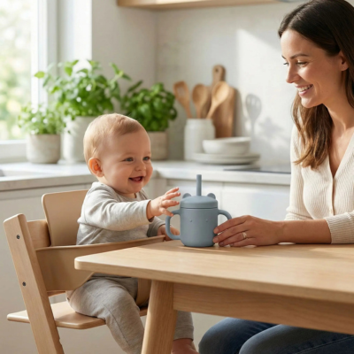 Verre bebe avec maman dans cuisine