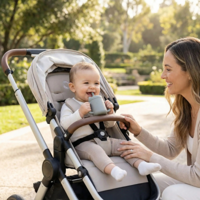 Verre bebe avec maman qui promene son fils