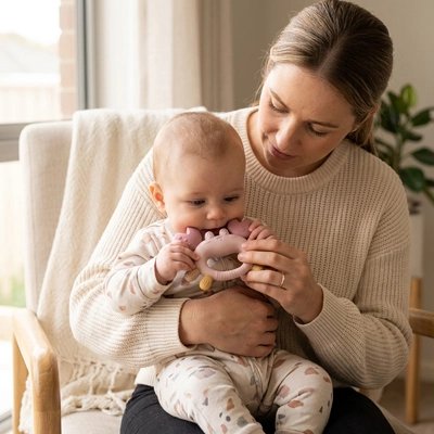 Anneau de dentition avec bebe au bras maman