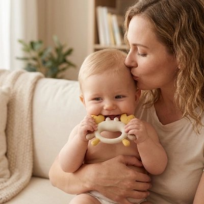 Anneau de dentition avec bebe maman assise