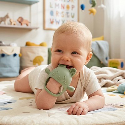 anneau de dentition bébé allonger sur tapis chambre