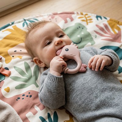 Anneau de dentition bébé allonger sur tapis