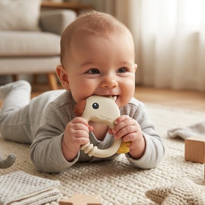 Anneau de dentition bébé sur le sol qui joue