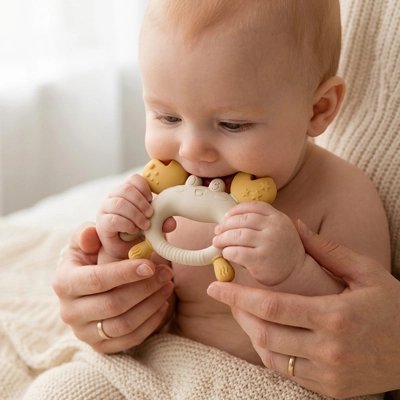Anneau de dentition maman aide son enfant