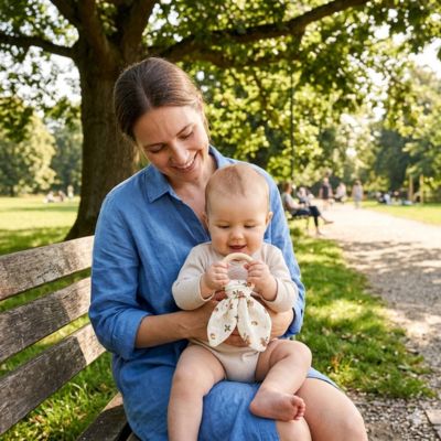 anneau de dentition maman bebe assise au parc