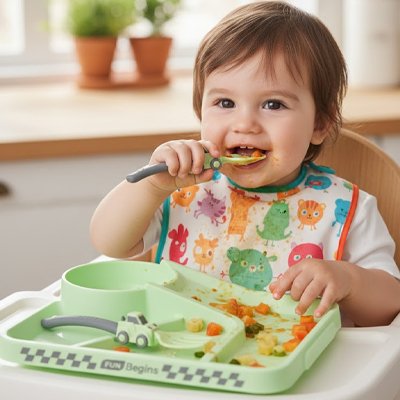 Assiette bebe assit dans sa chaise