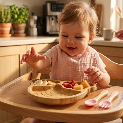 Assiette bebe compartimentée enfant assit avec ses fruits