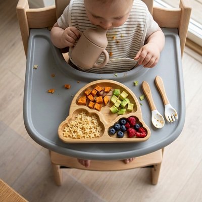 Assiette bebe compartimentée enfant dans cuisine qui mange son dessert