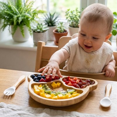 Assiette bebe compartimentée enfant qui mange fruit