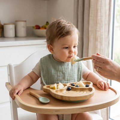 Assiette bebe compartimentée maman donne cuillere a bebe