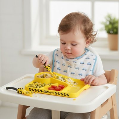 Assiette bebe jaune enfant assit