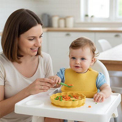 Assiette bébé ventouse assit dans sa chaise haute