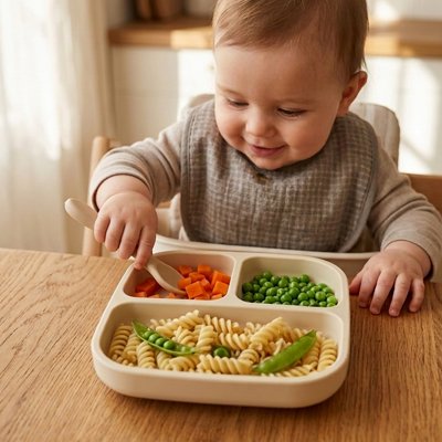 Assiette bébé ventouse enfant devant son repas