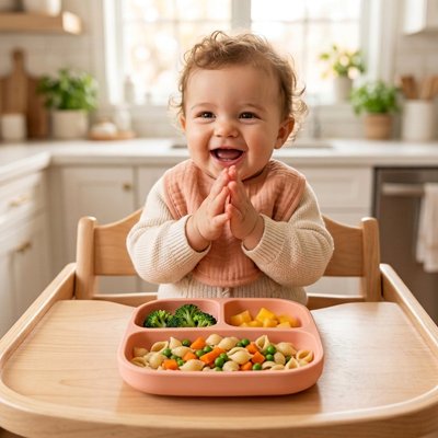 Assiette bébé ventouse enfant souriant devant son plat