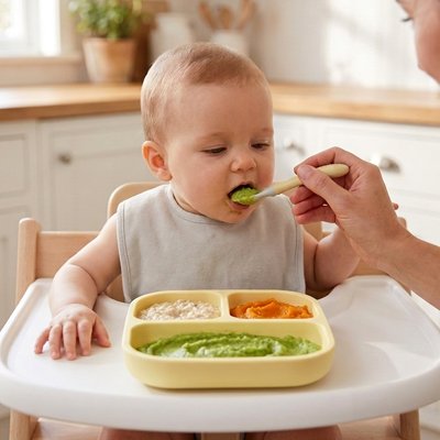 Assiette bébé ventouse maman aide son enfant a manger