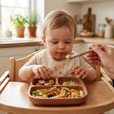 Assiette bébé ventouse maman donne la cuillere a son bebe