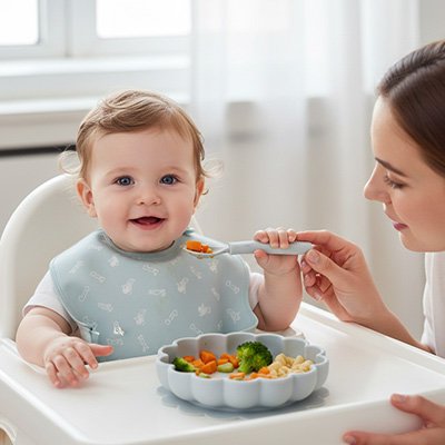 Assiette bébé ventouse maman donne cuillere