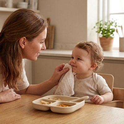 Assiette bébé ventouse maman essuie bouche de son enfant