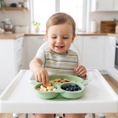 Assiette bebe ventouse vert enfant mange des fruits