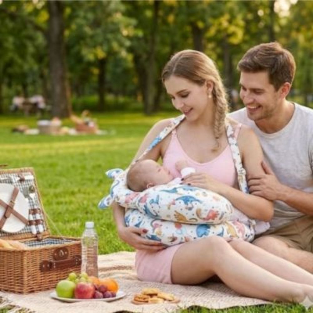 au parc en famille avec Coussin d'allaitement
