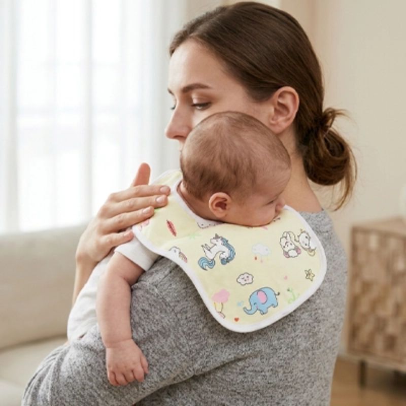 bavoir bebe jaune sur epaule de maman