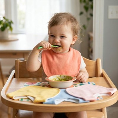 Bavoir bébé posé devant enfant qui mange