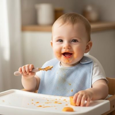 Bavoir bébé qui sourit avec sa cuillere