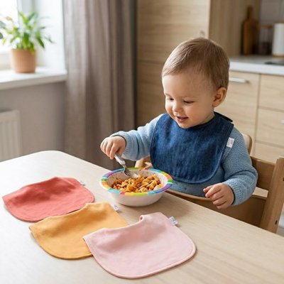 Bavoir bébé poser sur lui qui mange son bol cereale