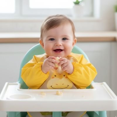 Bavoir manche longue bebe assit dans sa chaise