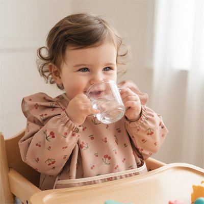 Bavoir manche longue  bebe boit dans son verre      