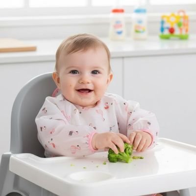 Bavoir manche longue bebe qui mange son repas