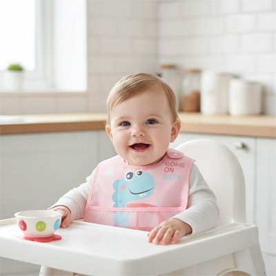 Bavoir pour bebe assit devant son bol