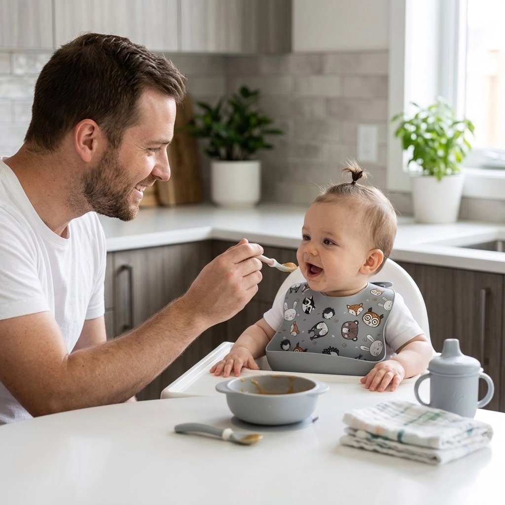 Bavoir silicone avec bebe papa nourrie a la cuillère