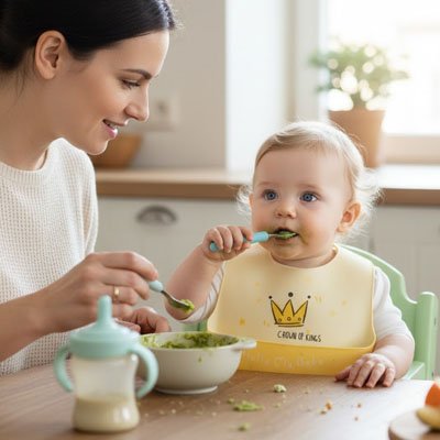 Bavoir silicone bebe avec maman qui mange