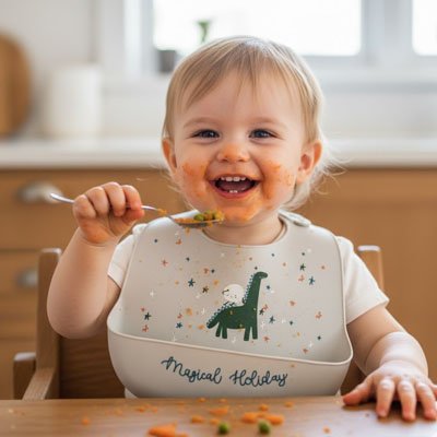 Bavoir silicone bebe sourit en mangeant a table