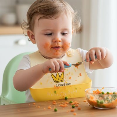 Bavoir silicone jaune bebe mange avec sa cuillere