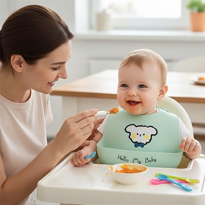 Bavoir silicone maman donne cuillere bebe