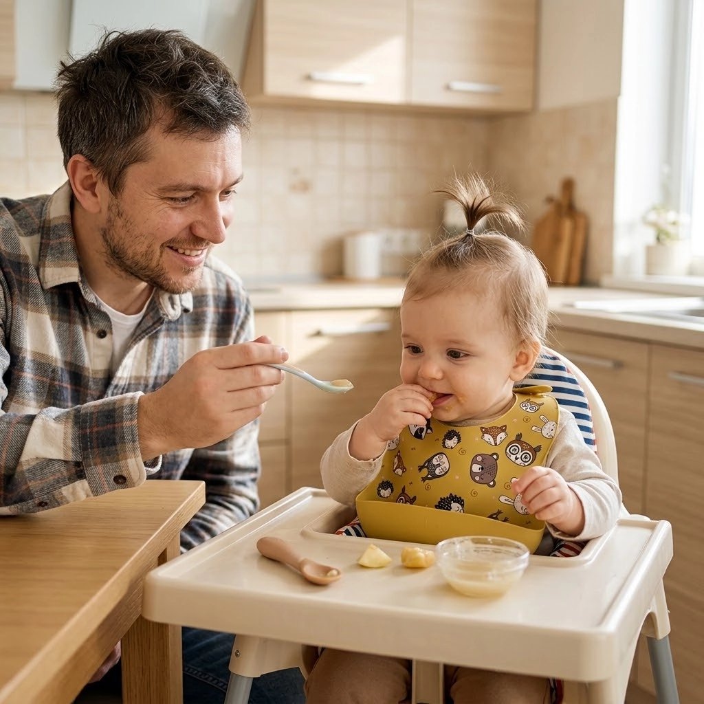Bavoir silicone papa aide son enfant a manger