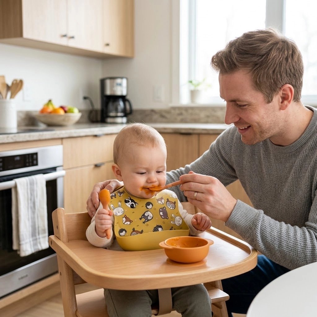 Bavoir silicone papa aide son maman avec la cuillère
