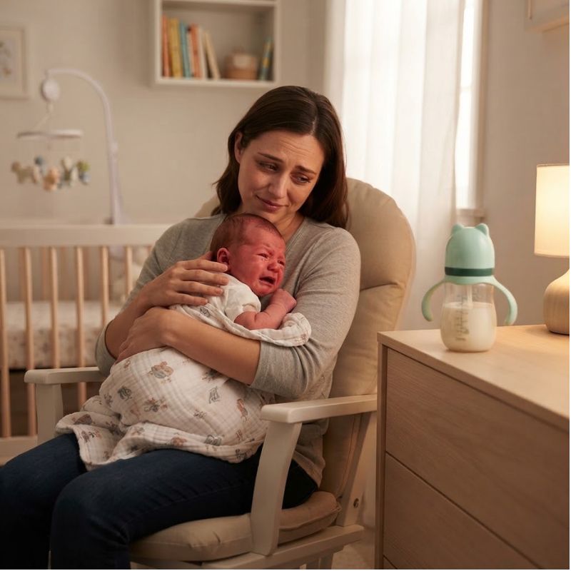 maman cajole bebe  et Biberon Anti Colique Sérénity sur commode