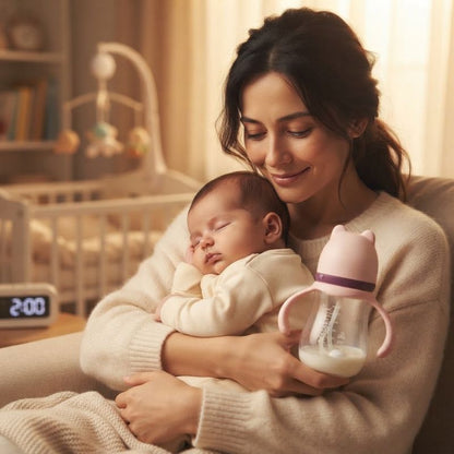 bebe dors sereinement dans bras maman et Biberon Anti Colique Sereo