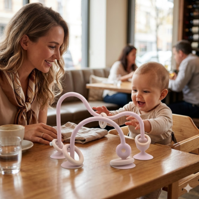 bebe maman au resto avec son anneau de dentition bois