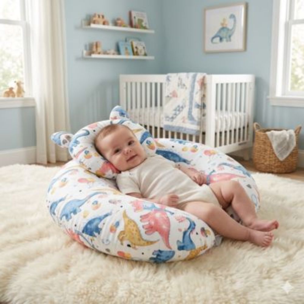 bebe allonger sur tapis avec son Coussin d'allaitement dans sa chambre