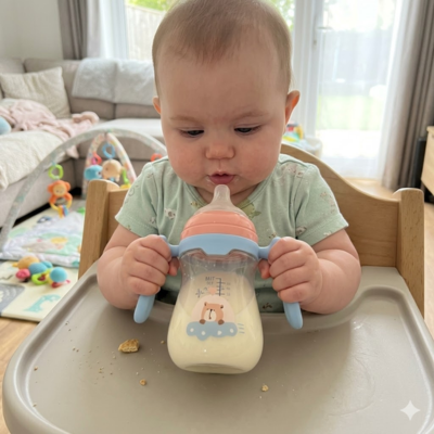 bebe assise dans sa chaise avec son biberon